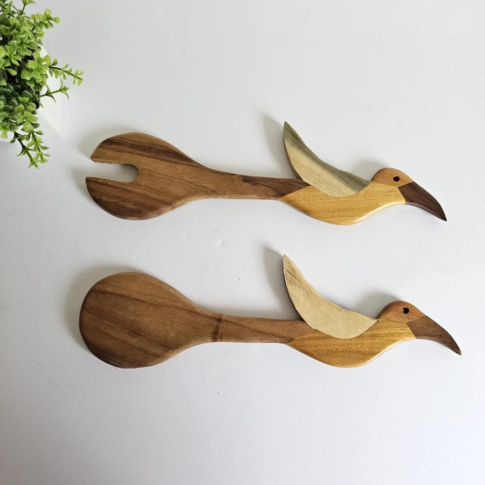 Handcarved Tribal Wooden Bird-Shaped Fork Spoon Rustic Serving Servers